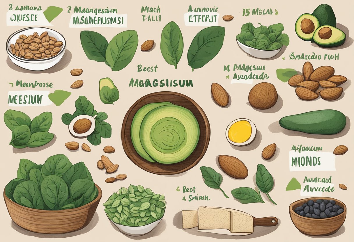 A table set with various magnesium-rich foods like spinach, almonds, and avocado. A list of best magnesium sources for menopause pinned on the wall