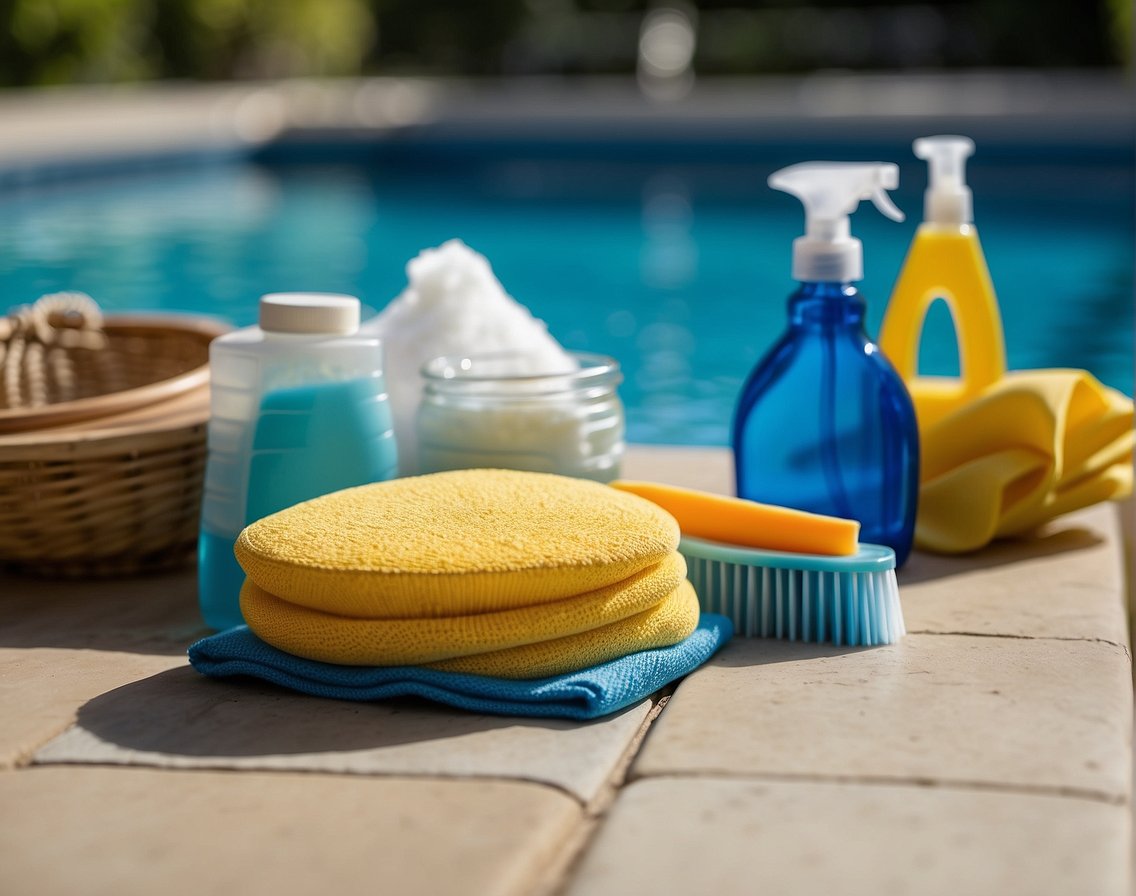 A poolside scene with various cleaning tools and products laid out, showcasing the importance of grout cleaning for maintaining the pool's aesthetic appeal