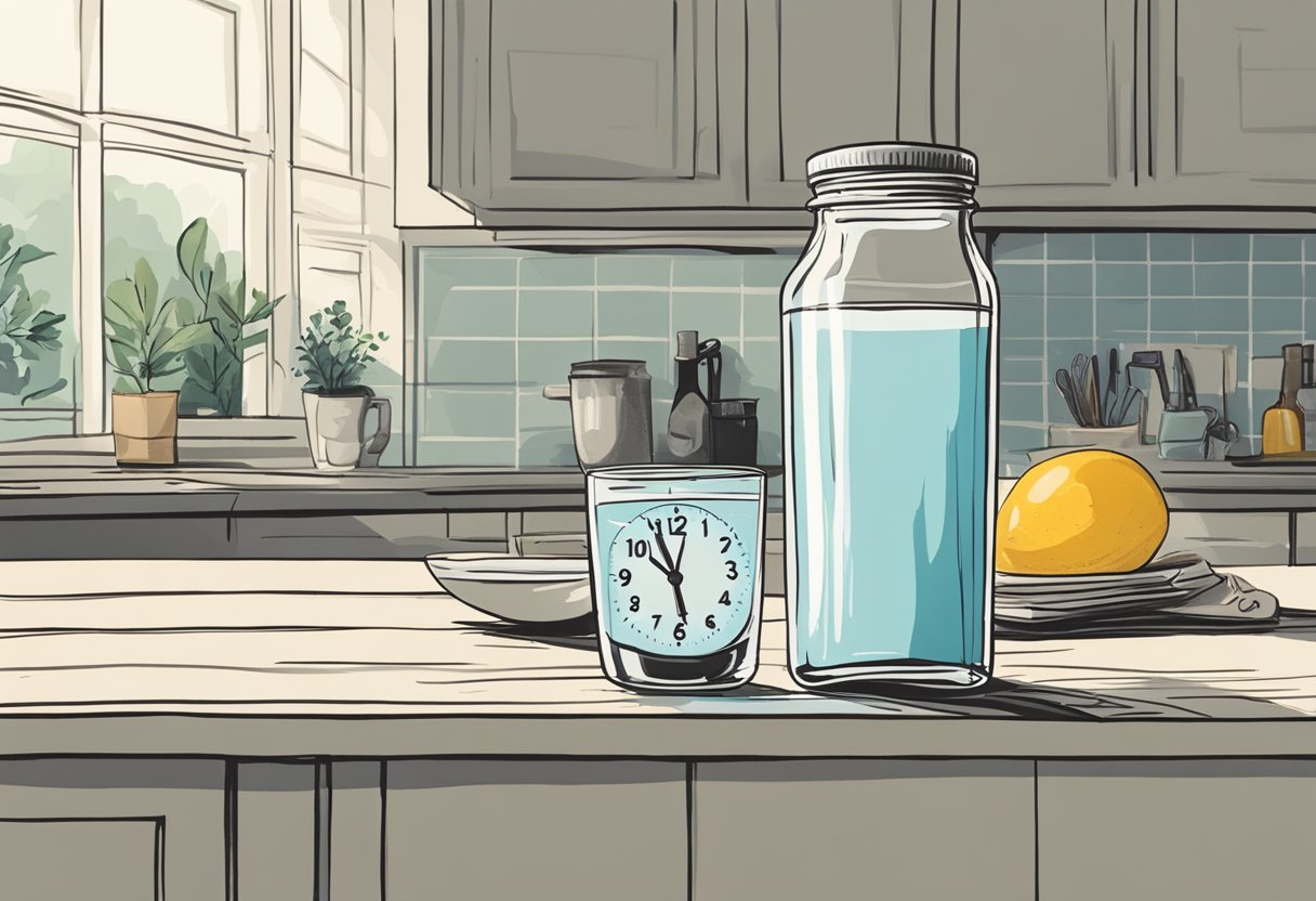 A clock striking 6 am with a bottle of inulin powder next to a glass of water on a clean, uncluttered kitchen counter