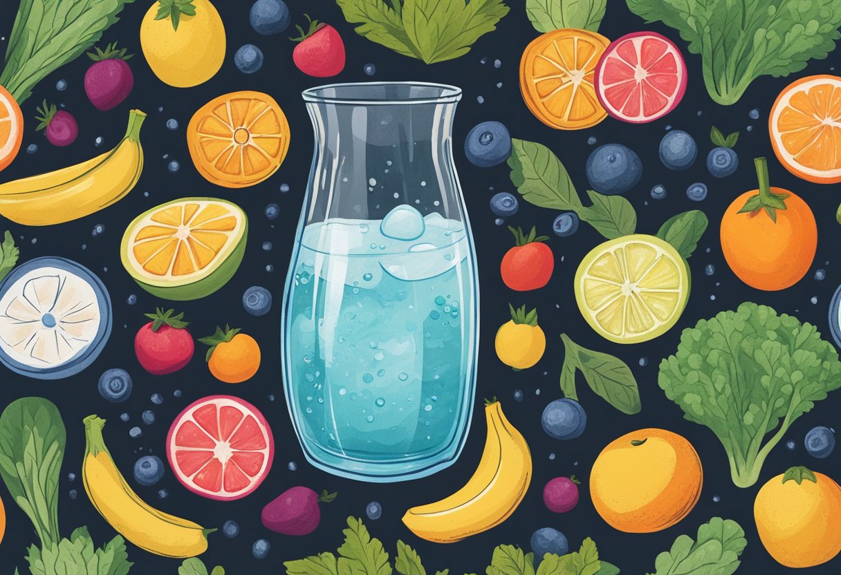 A clear glass of water with a scoop of inulin powder dissolving in it, surrounded by fresh fruits and vegetables