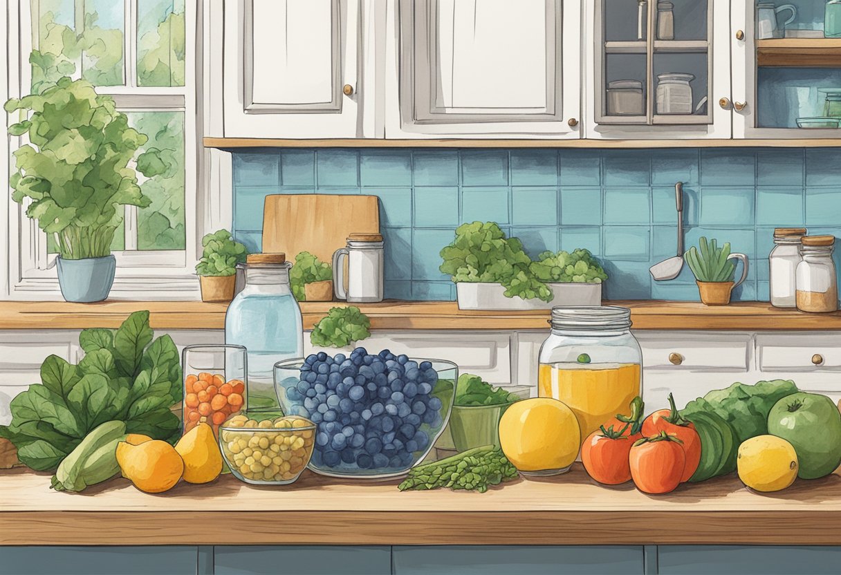 A bright and airy kitchen with a bowl of fresh fruits and vegetables, a jar of inulin powder, and a glass of water on the countertop