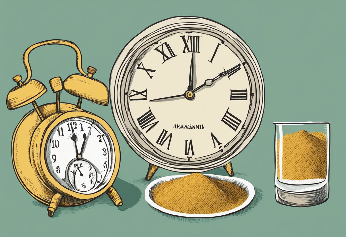 A clock showing the optimal timing for taking ashwagandha, with a dosage measurement displayed nearby