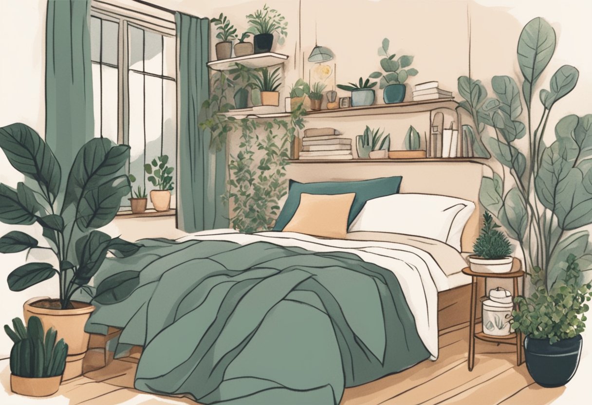 A cozy bedroom with a warm, dim light and a cup of herbal tea on the nightstand, surrounded by plants and soft blankets