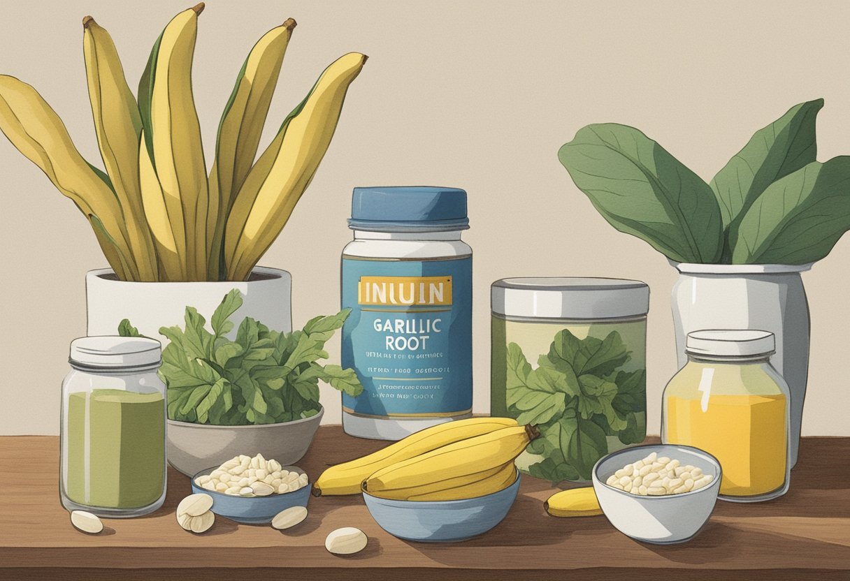 A variety of foods rich in inulin, such as chicory root, garlic, and bananas, are displayed alongside supplements in pill and powder form. The scene is set in a tranquil bedroom, with a cozy bed and soft lighting to convey the connection