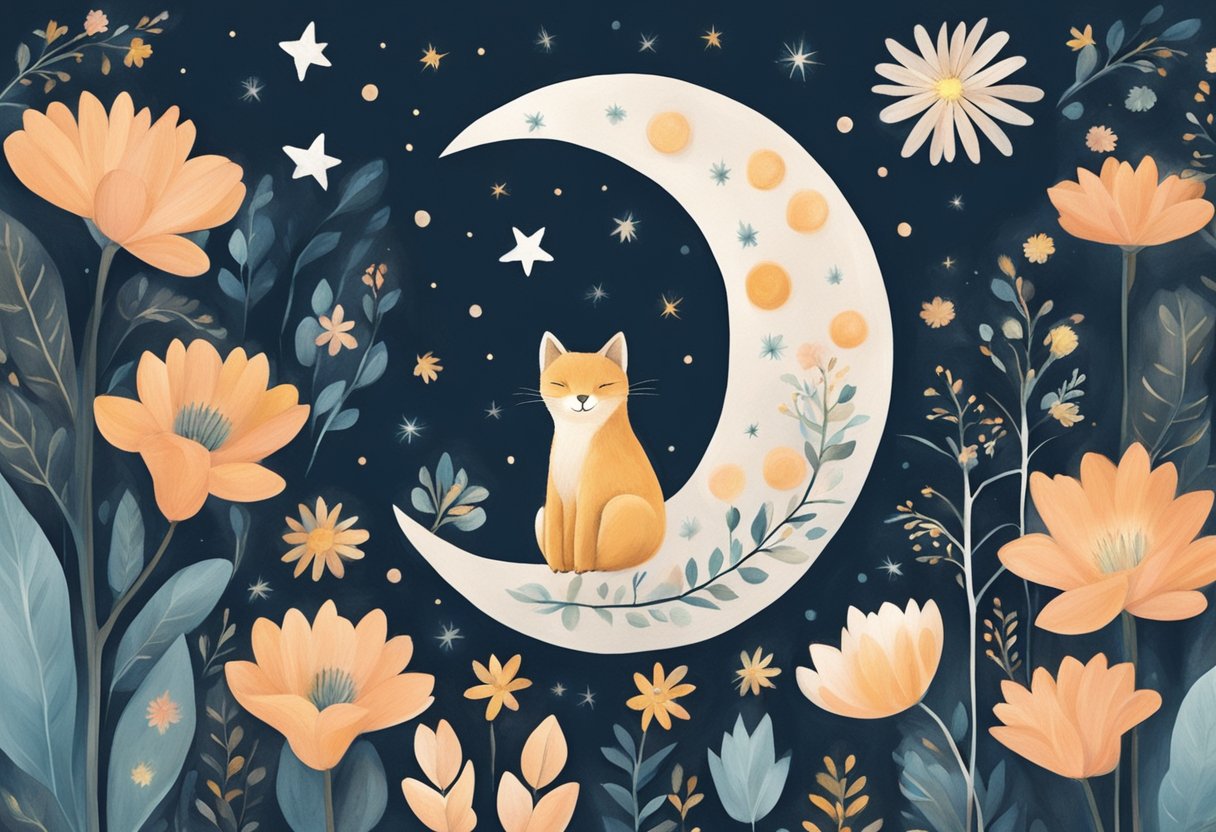 A serene night scene with a glowing moon and stars, surrounded by blooming flowers and a peaceful, sleeping animal