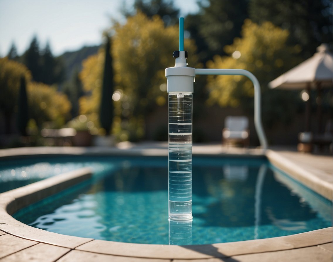 A clear pool with chlorine dispenser, balanced chemicals, and no visible issues