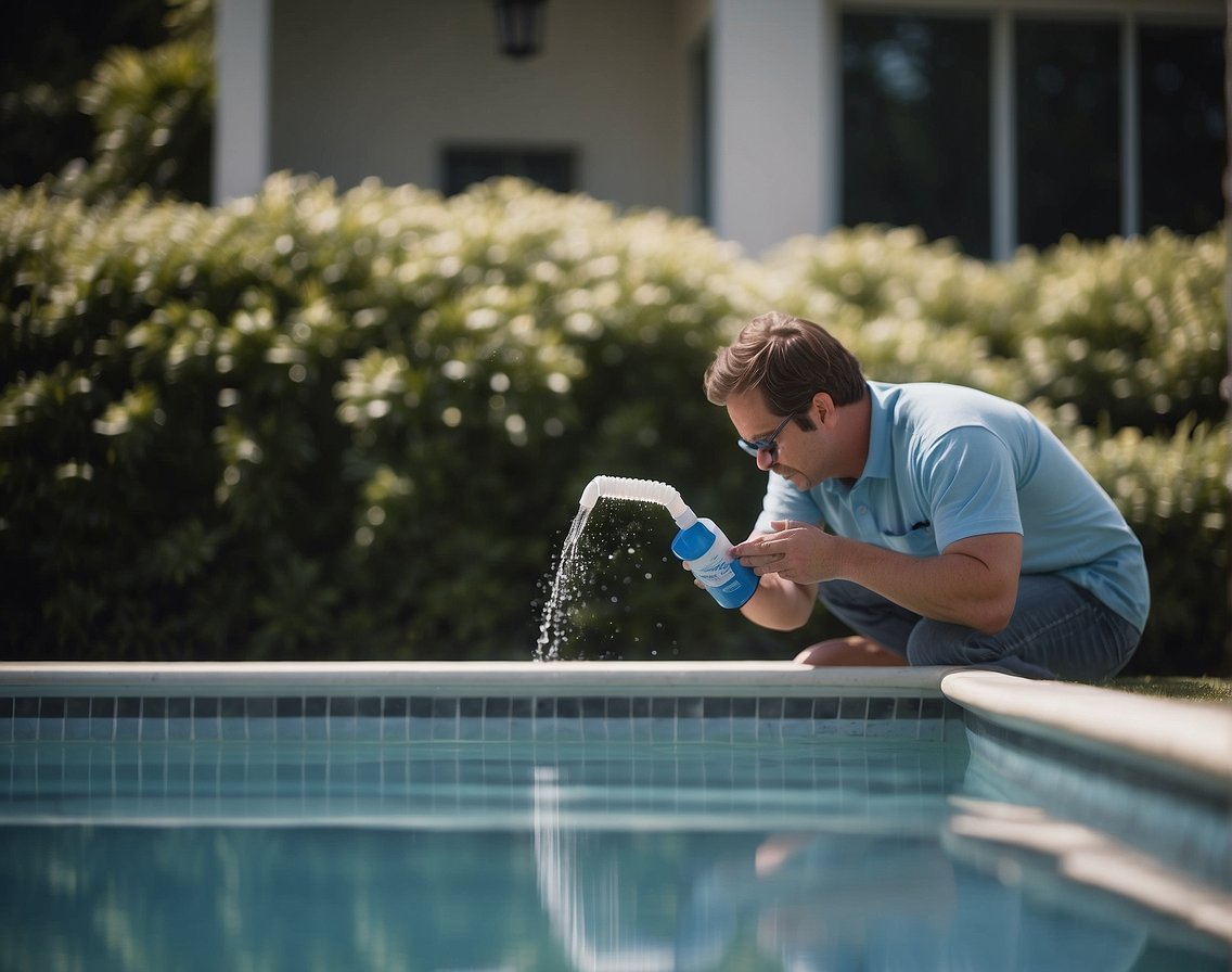 A person adding chlorine to a pool using proper technique and equipment. Testing levels and adjusting as needed for chemical balance