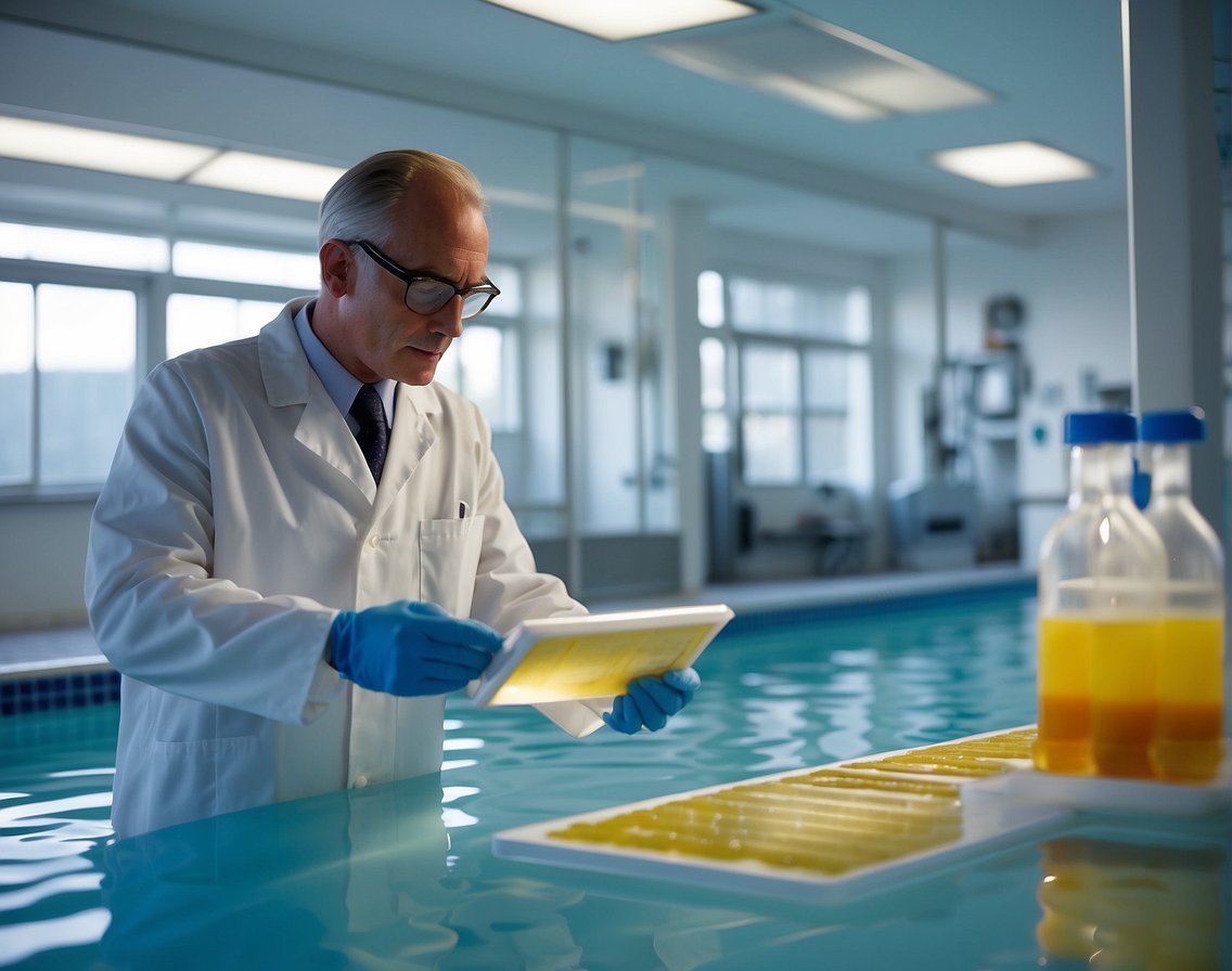 A person in a lab coat tests chlorine levels in a pool, while another consults a chart on pool chemical balancing