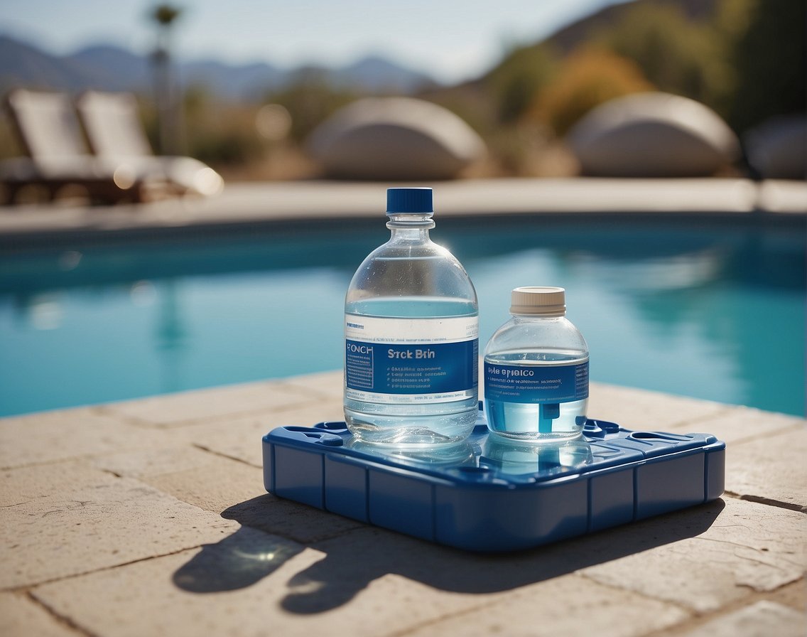 A clear pool with a chlorine dispenser, test kit, and chemical bottles nearby. The water is balanced and inviting, reflecting the surrounding landscape