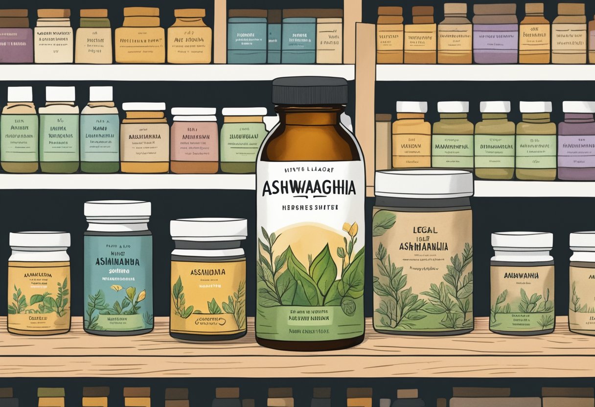 A bottle of ashwagandha sits on a shelf in a UK store, next to other legal herbal supplements
