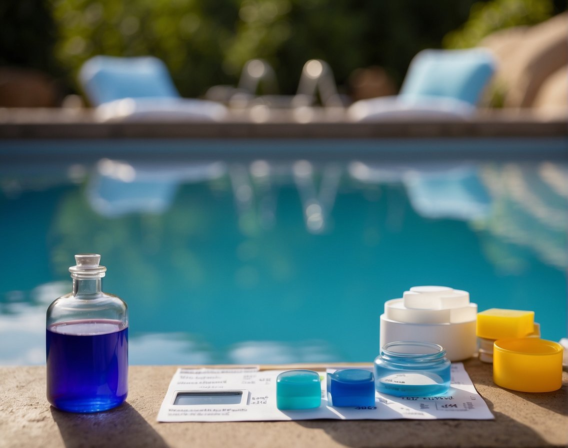 A pool with a test kit, pH adjusters, and clear blue water. A chart showing optimal pH levels. A person adding chemicals to the pool
