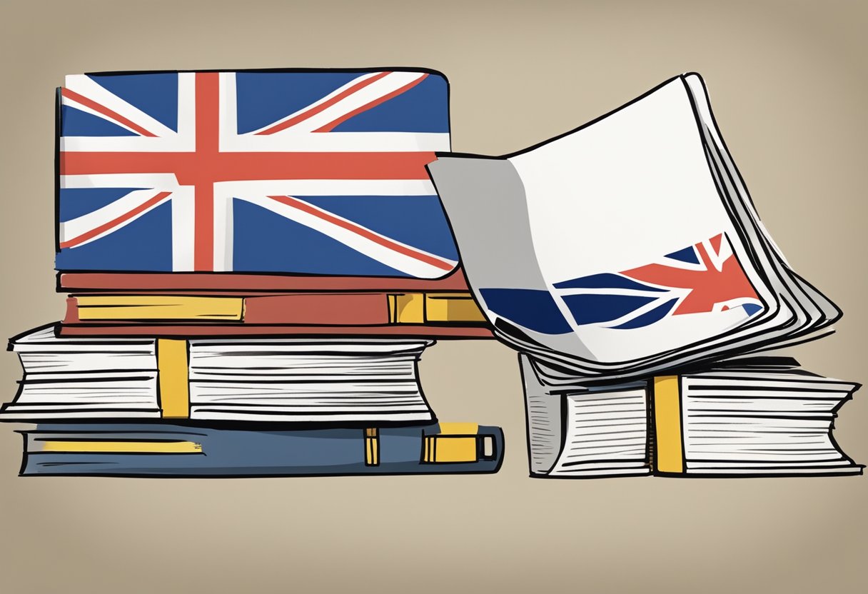 A stack of safety and regulatory documents with a UK flag in the background