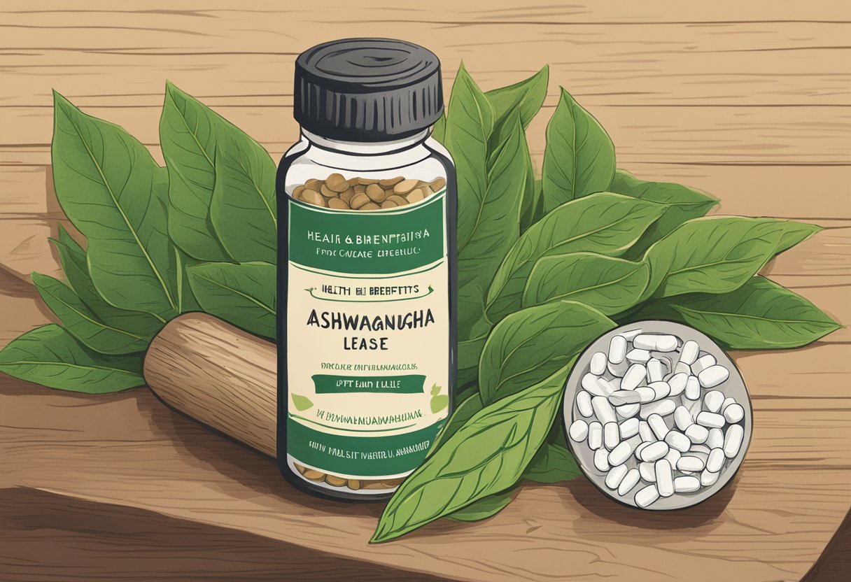 A bottle of ashwagandha capsules sits on a wooden table, with a pile of fresh green ashwagandha leaves next to it. The label on the bottle reads "Health Benefits and Usage."