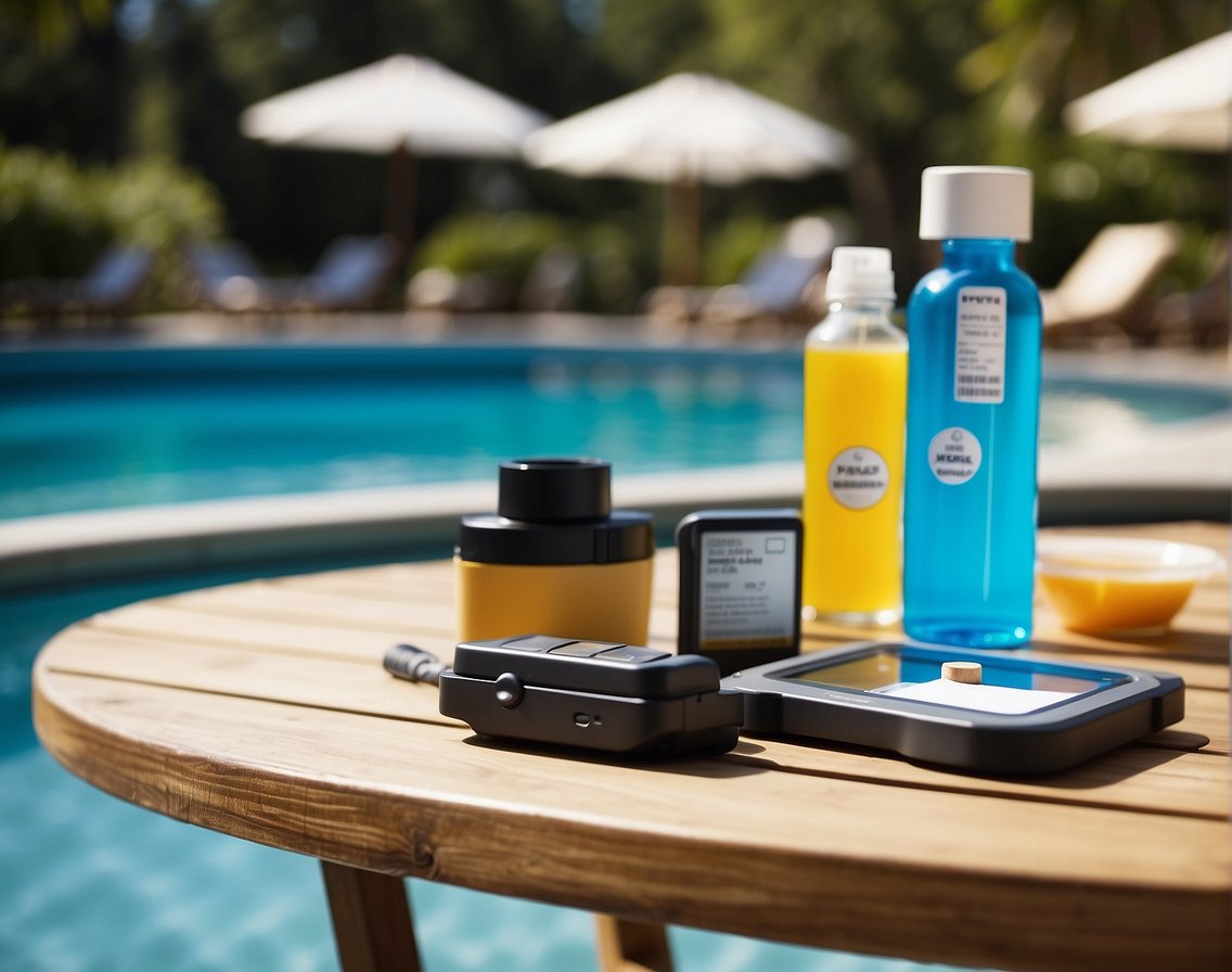A pool testing kit sits next to a pH meter and a bottle of pH adjusting chemicals. The pool water is clear and inviting, surrounded by lounge chairs and umbrellas