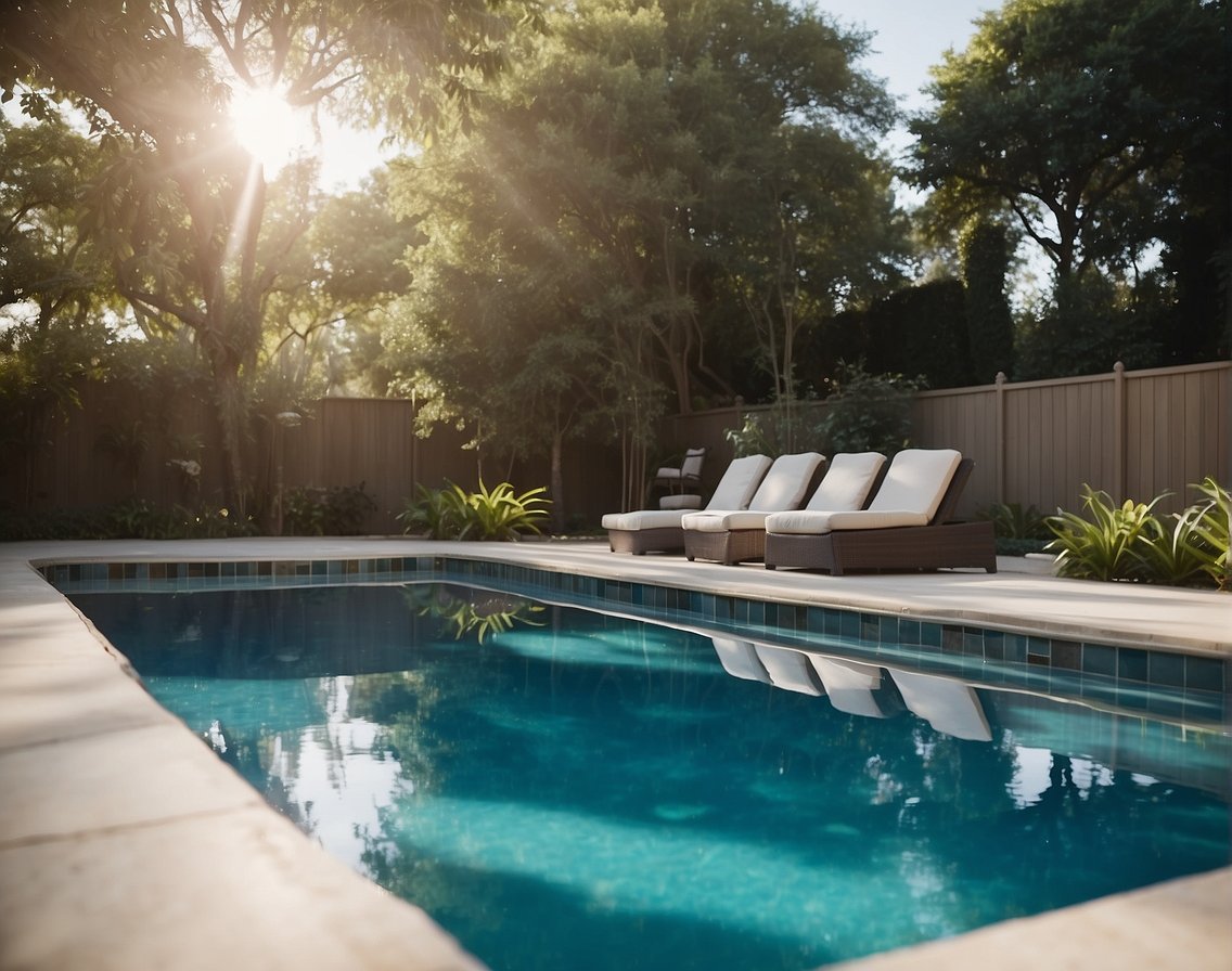 A pool with clear, blue water and a pH testing kit floating on the surface. A clean, well-maintained pool area with comfortable seating and shade
