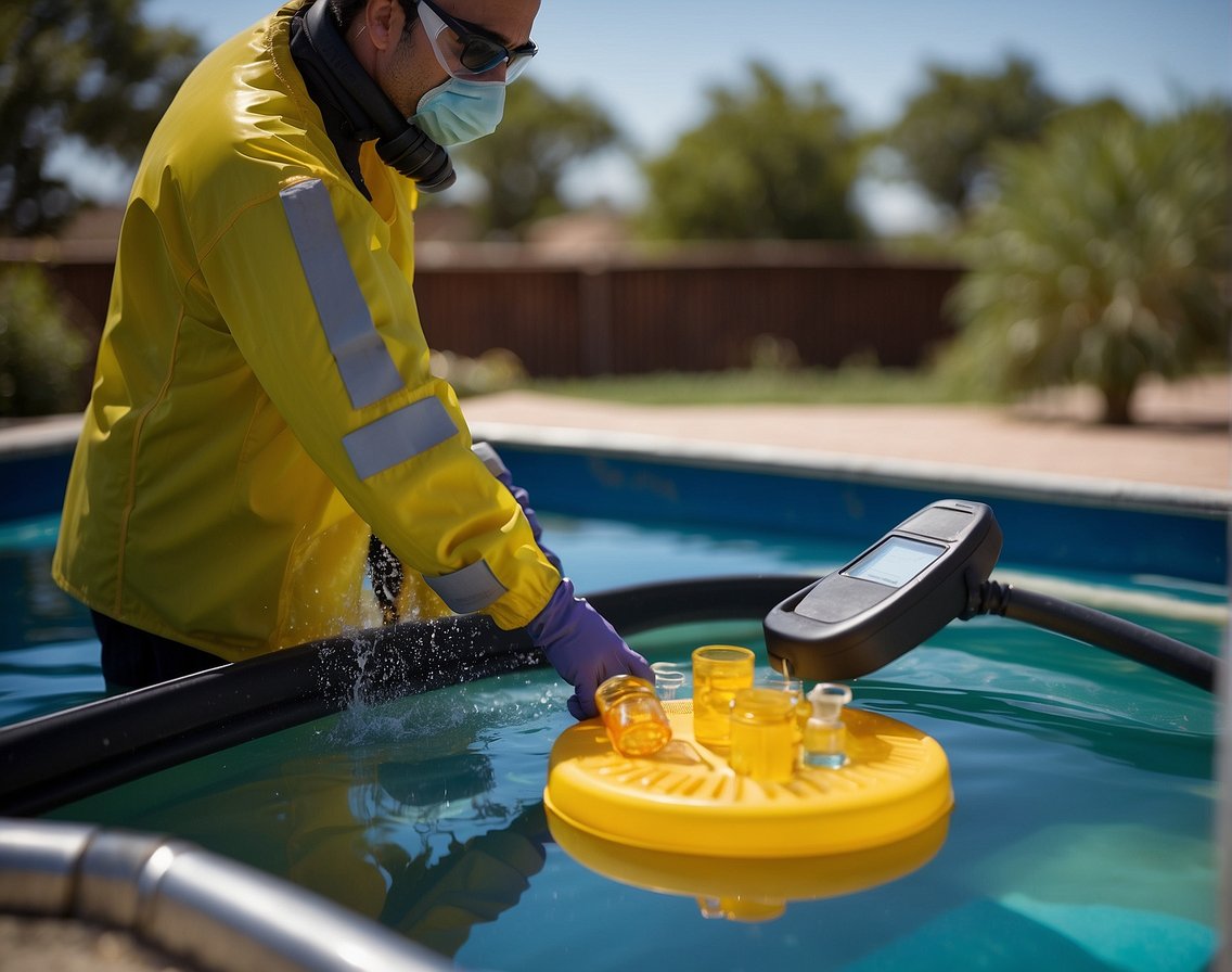 A person wearing protective gear pours pool chemicals into a skimmer, then tests and adjusts the water's pH level