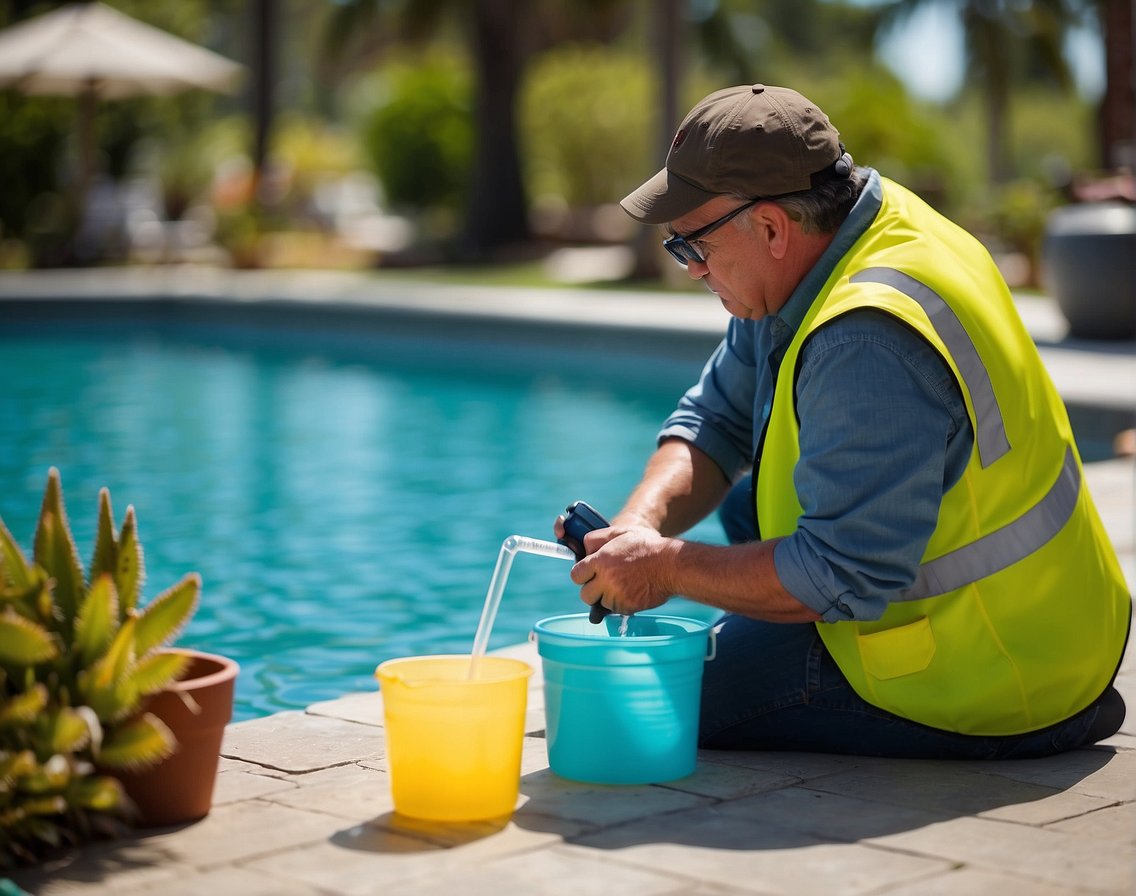 A person carefully measures and adds pool chemicals, while monitoring water levels and safety precautions