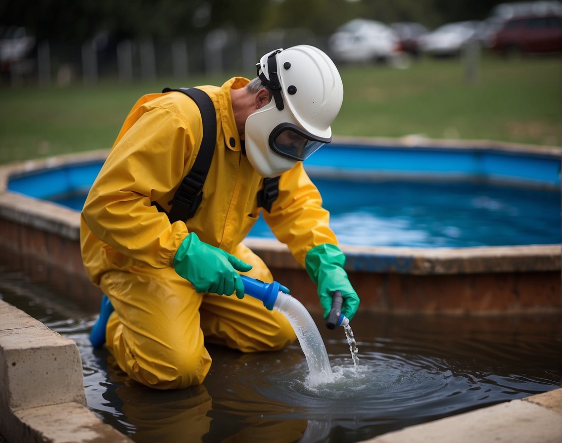 A person wearing protective gear pours pool chemicals into a well-ventilated area, following safety guidelines