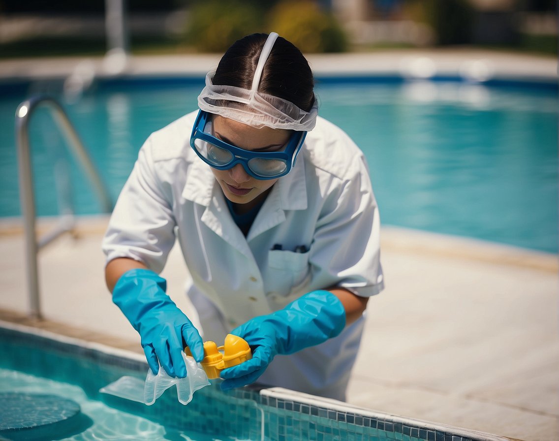 A person wearing safety goggles and gloves carefully measures and adds pool chemicals to a testing kit, then adjusts the pool's chemical levels accordingly