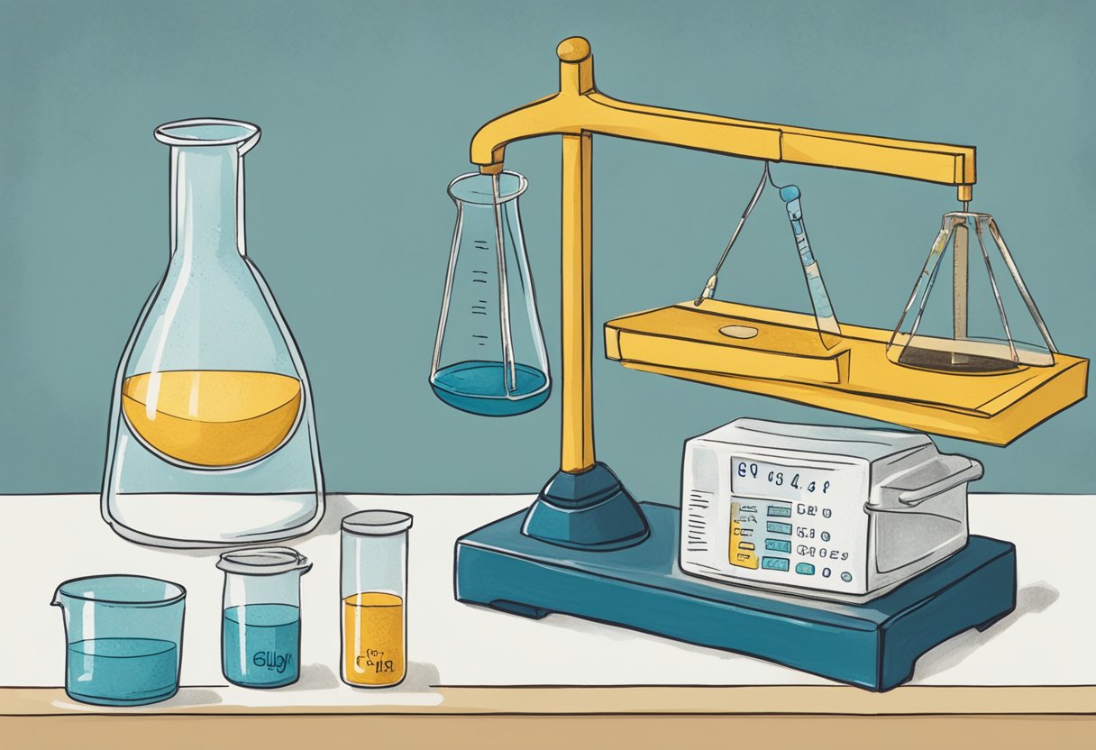 A lab bench with two containers labeled "magnesium oxide" and "glycinate" next to a balance scale and a beaker of water