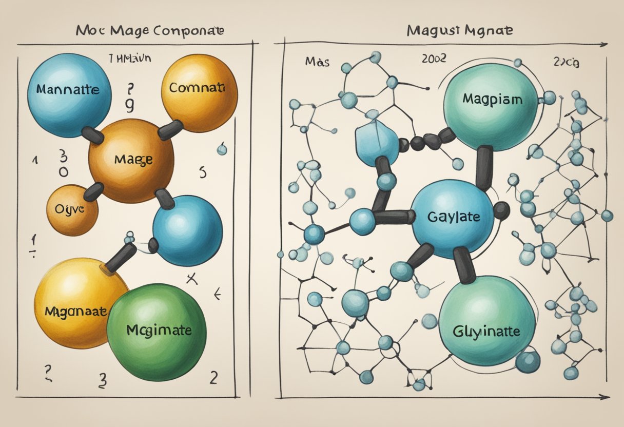 Two magnesium compounds side by side, oxide and glycinate, with their chemical structures clearly visible