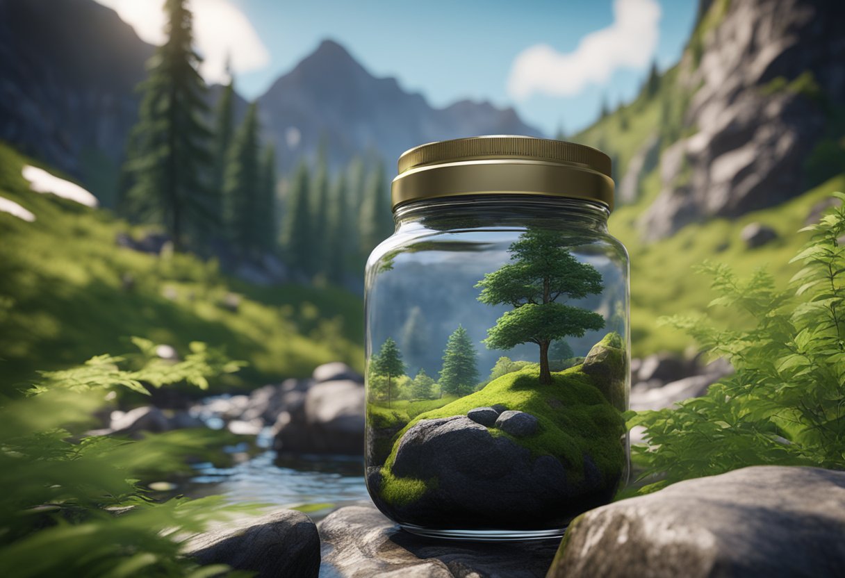 A mountainous landscape with a clear stream running through it. A jar of Pure Shilajit sits on a rock, surrounded by vibrant green foliage