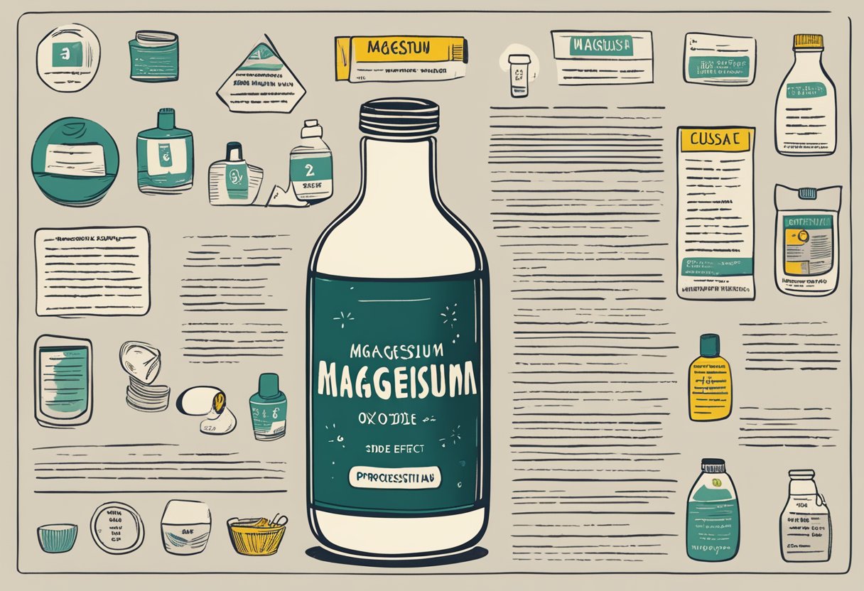 A bottle of magnesium oxide and glycinate with warning labels, and a list of potential side effects and precautions