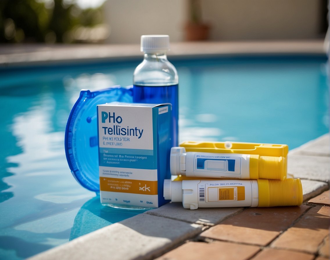 A pool with clear blue water, pH testing kit, and alkalinity increaser. Chemicals labeled for balancing pool water chemistry
