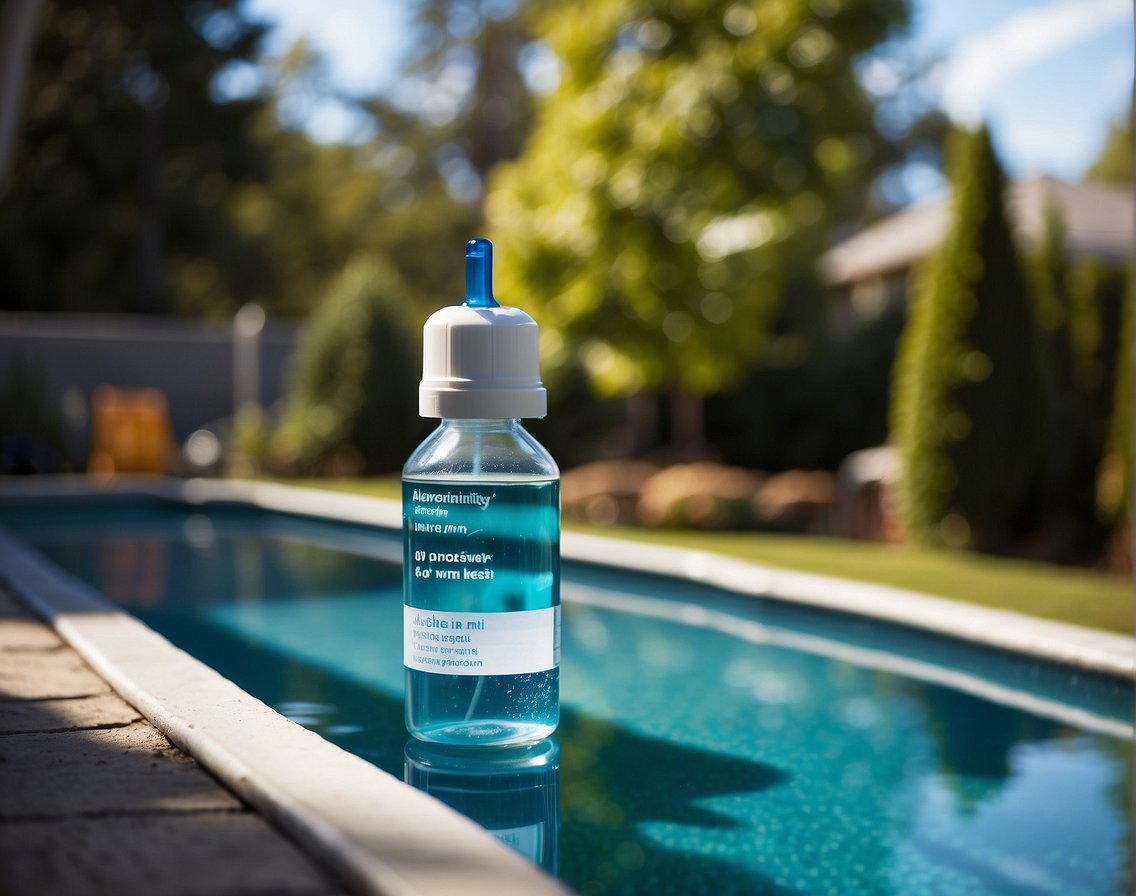 A pool with clear water, testing kit, and chemicals. Alkalinity impacts water balance