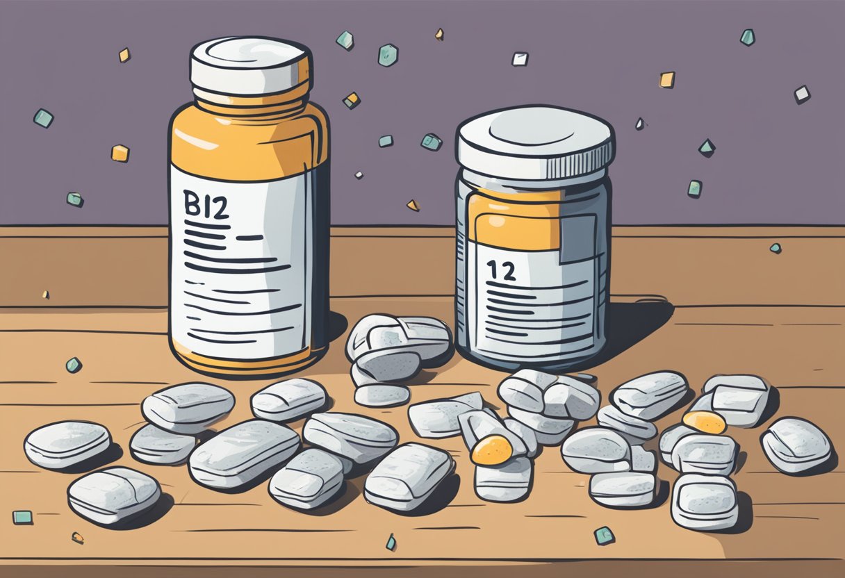 A bottle of B12 tablets sits open on a table, with a few tablets scattered around. A list of symptoms of B12 deficiency is displayed nearby