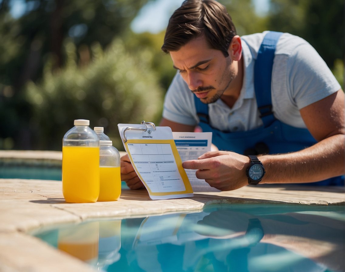 A person tests pool water with a kit, adjusts chemicals, and records results in a logbook. The impact of alkalinity on water balance is emphasized