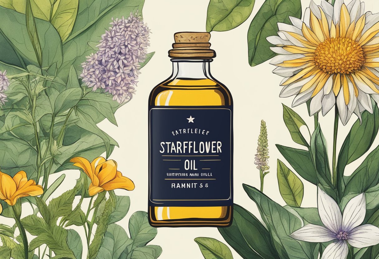 A bottle of starflower oil surrounded by various plants and flowers, with a label showcasing its nutritional benefits and composition