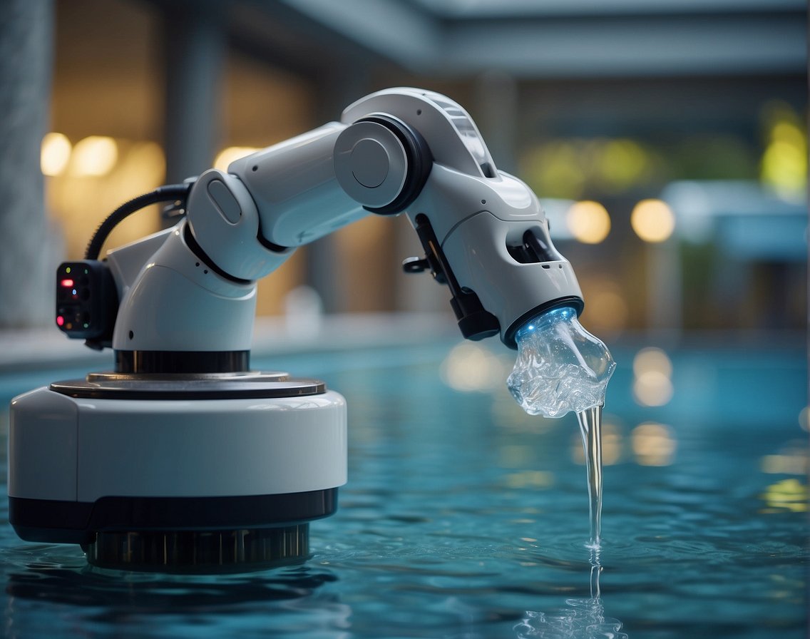 A robotic arm precisely dispenses chemicals into a pool, while sensors monitor and adjust levels in real-time