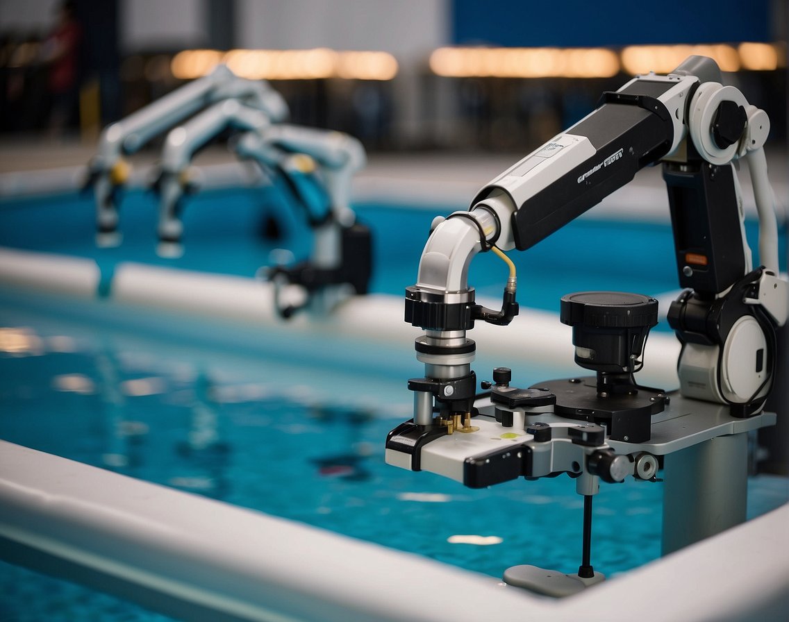 Robotic arms install and calibrate chemical dispensers in a pool. Sensors monitor and adjust chemical levels for optimal balance