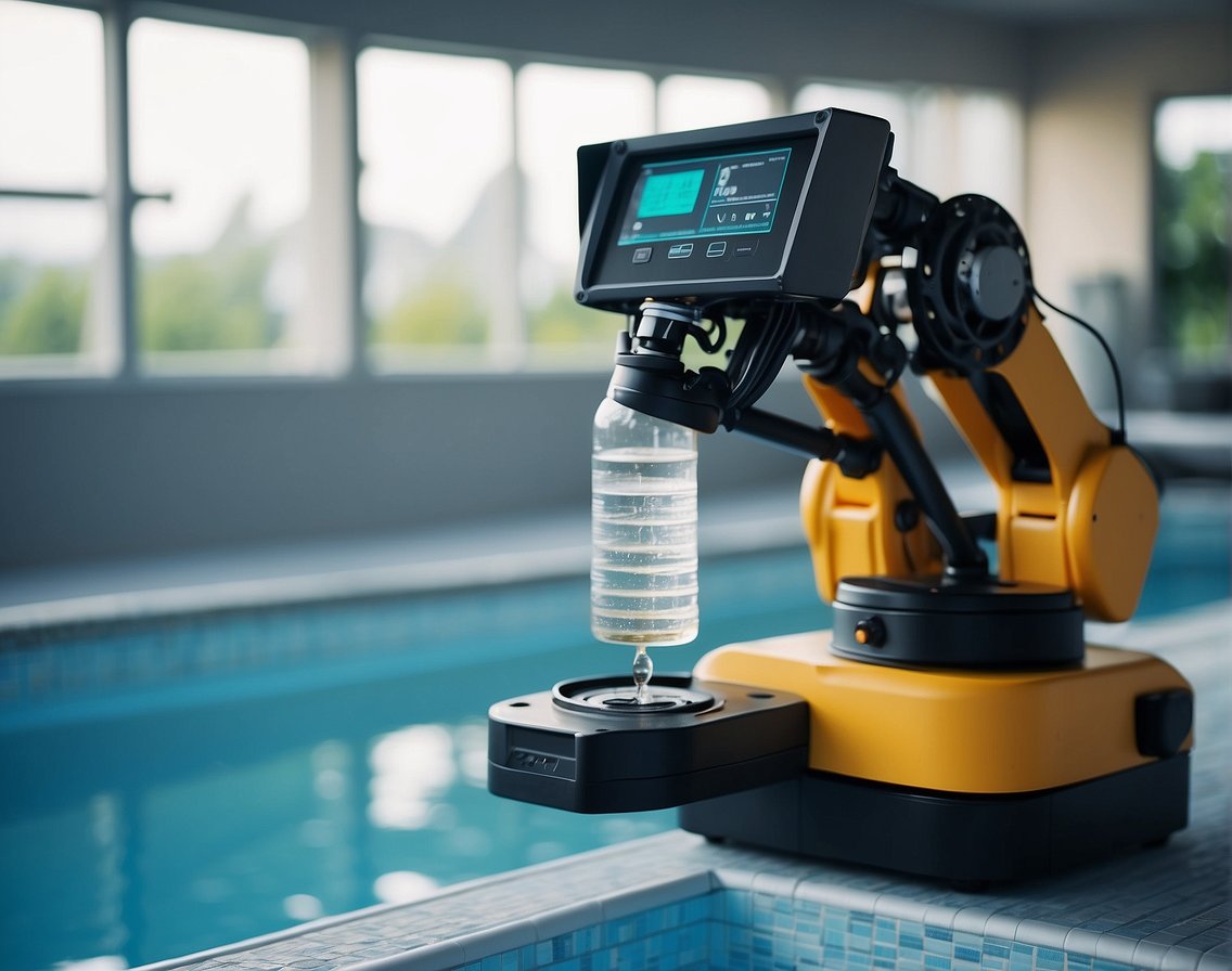 A robotic arm adjusts chemical levels in a pool, while sensors monitor and maintain water balance