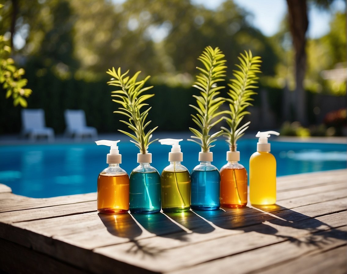 A pool surrounded by trees and plants, with a clear blue sky above. Chemical testing kits and containers of pool chemicals are arranged neatly on a nearby table