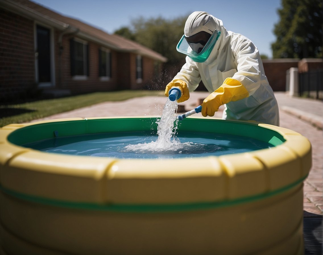 A person wearing protective gear pours pool chemicals into a well-ventilated area with proper storage and spill containment measures in place