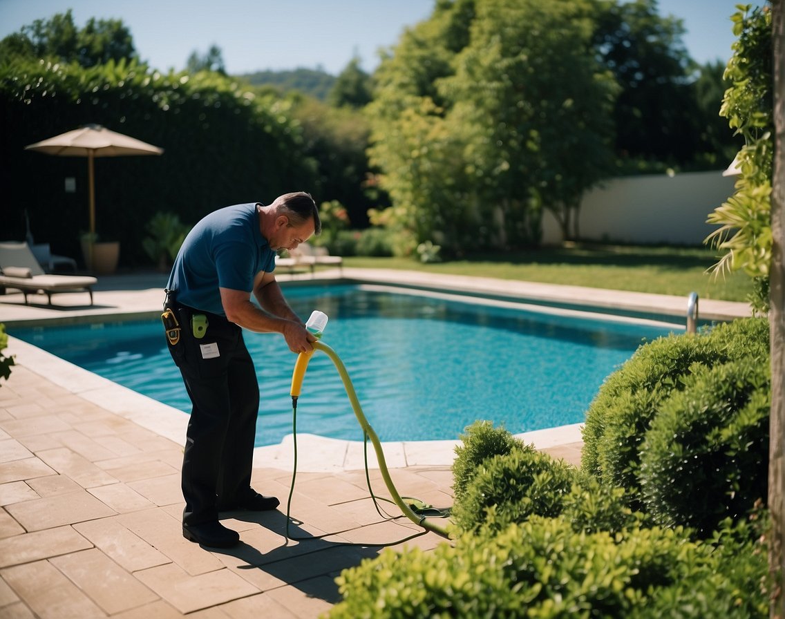 A pool technician carefully measures and adds chemicals to a sparkling clean pool, surrounded by lush greenery and a clear blue sky