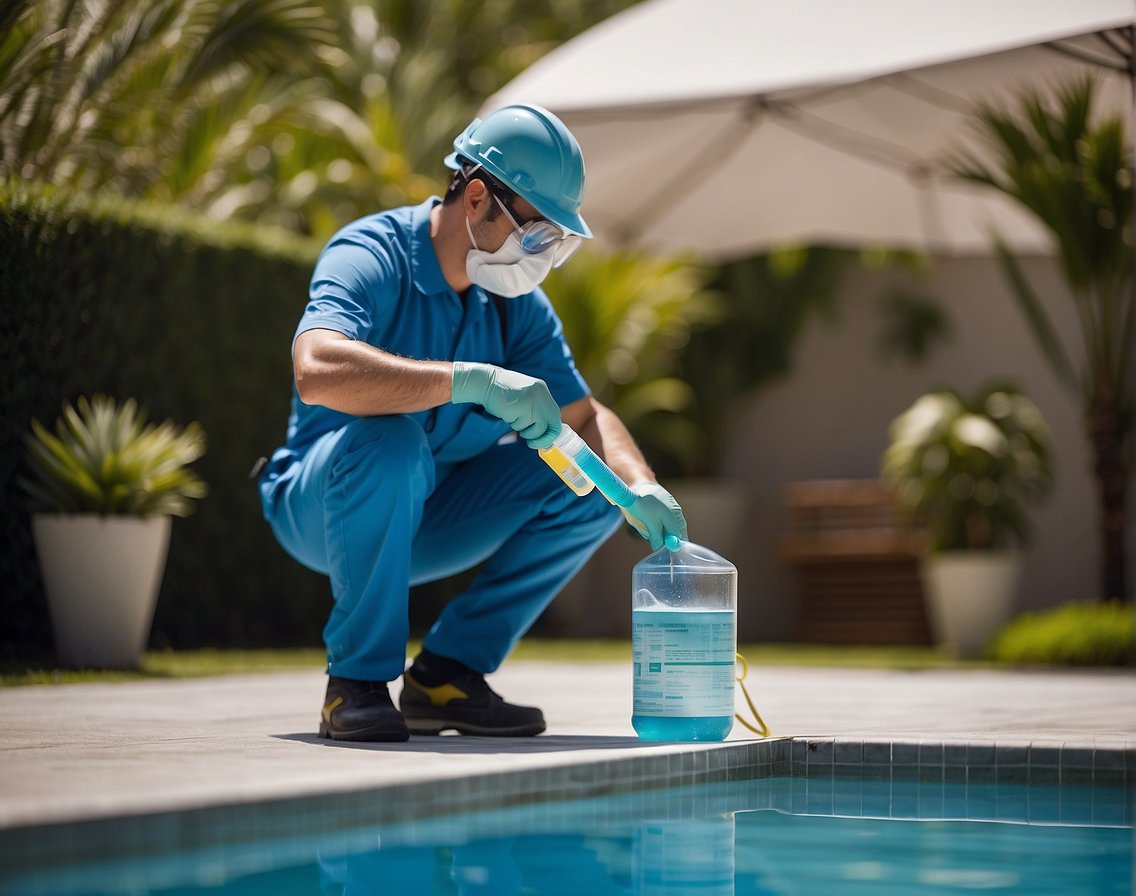 A pool technician carefully measures and adds chemicals to a pool, using protective gear and following safety guidelines