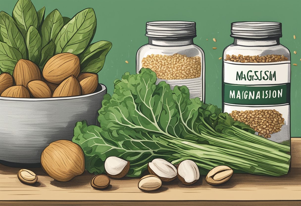 A pile of green leafy vegetables, nuts, seeds, and whole grains. A bottle of magnesium supplements on a kitchen counter