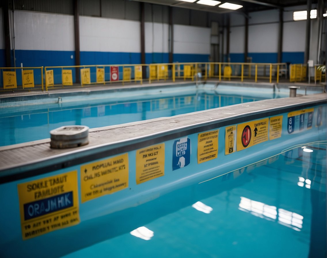 A pool with a clear blue water, surrounded by safety signs and equipment. Chemical testing kits and containers of pool chemicals are neatly organized nearby