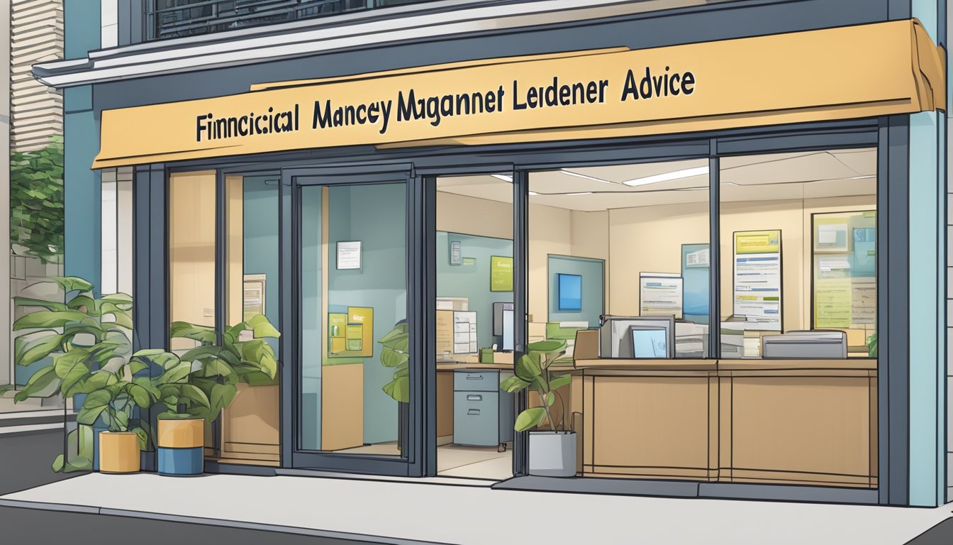 A licensed money lender office in Bukit Batok, with a sign displaying "Financial Management and Advice" and "Terms and Conditions" prominently