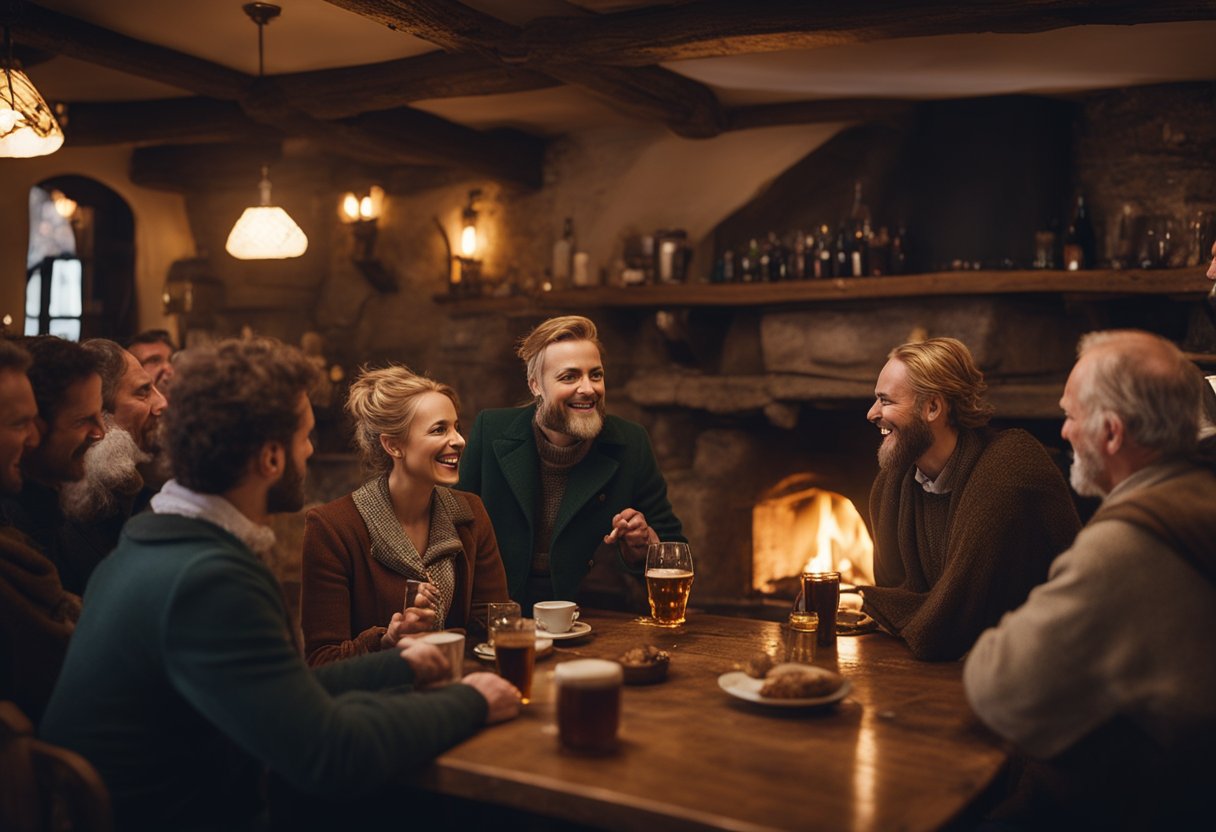 The Tradition of Storytelling - A cozy Irish pub with a roaring fire, surrounded by attentive listeners. A storyteller gestures animatedly, weaving tales of ancient folklore and mythology