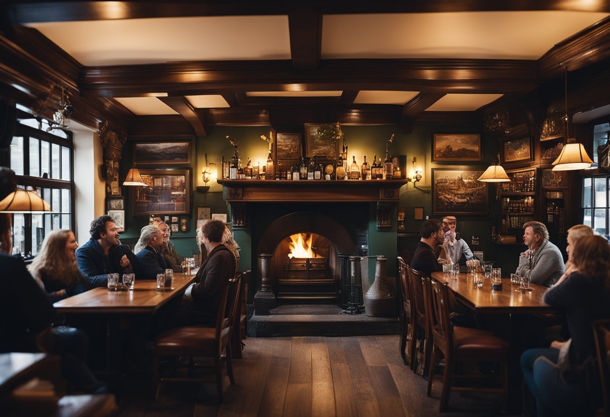 A cozy Irish pub with a roaring fire, surrounded by eager listeners, as a storyteller weaves tales of ancient lore and modern legends