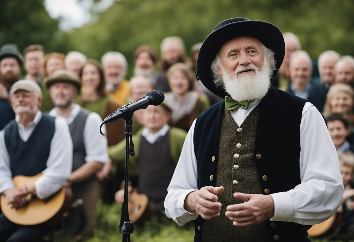 A traditional Irish storyteller captivates an audience with animated gestures, surrounded by the melodic sounds of traditional Irish music