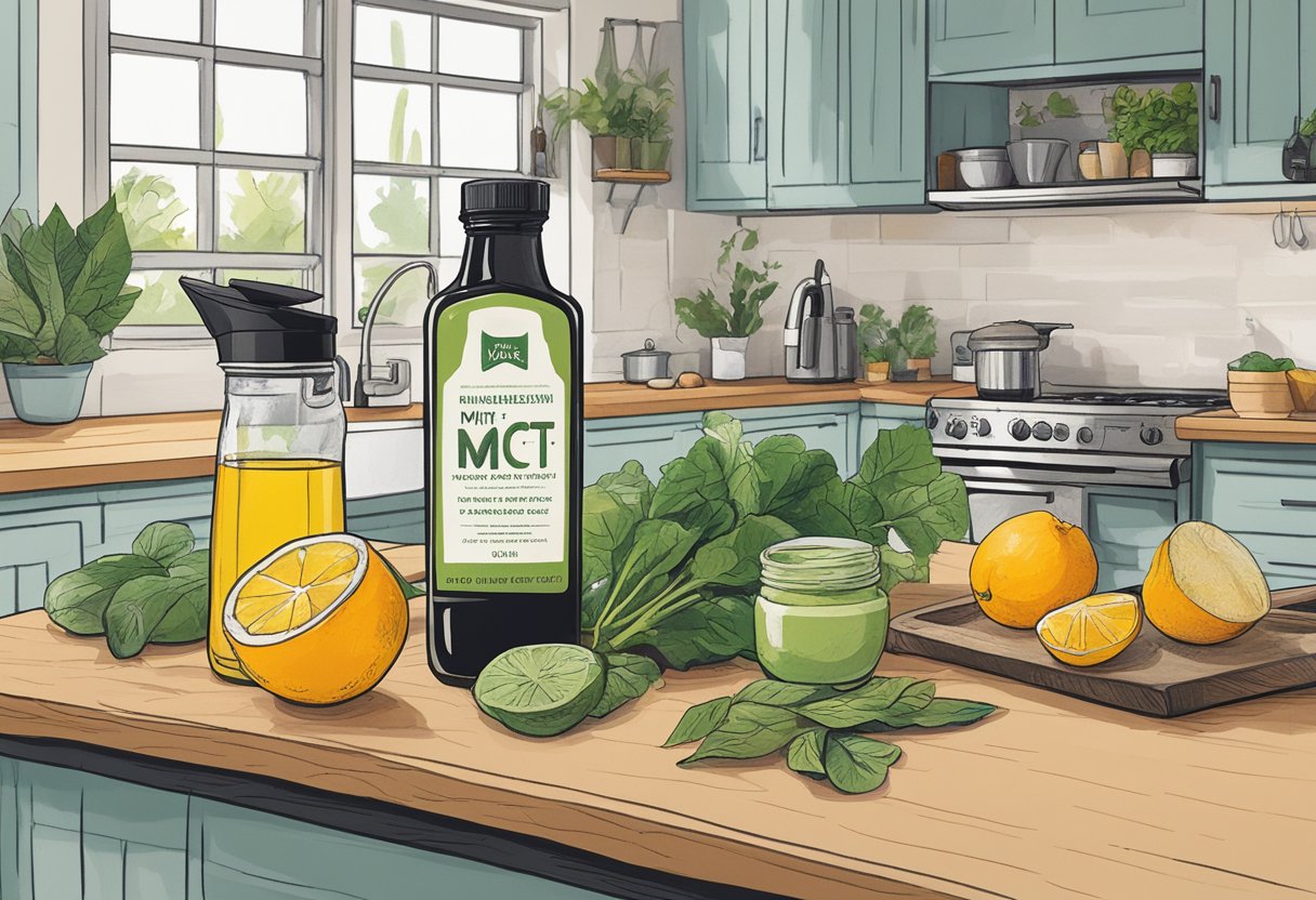 A bottle of MCT oil sits on a kitchen counter in the UK, surrounded by fresh ingredients and a blender