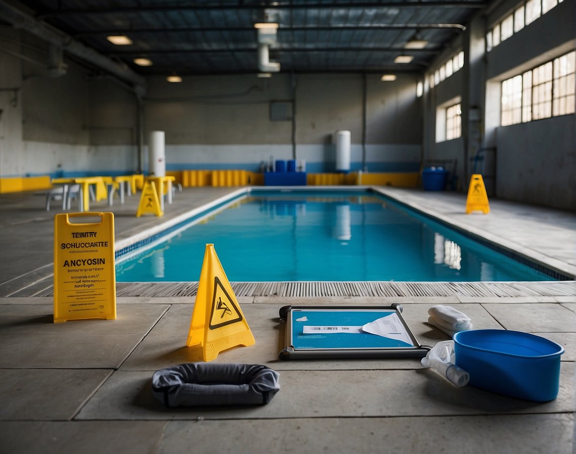A pool with clear blue water, surrounded by safety signs and equipment. Test kits and chemical bottles are scattered around, indicating troubleshooting efforts