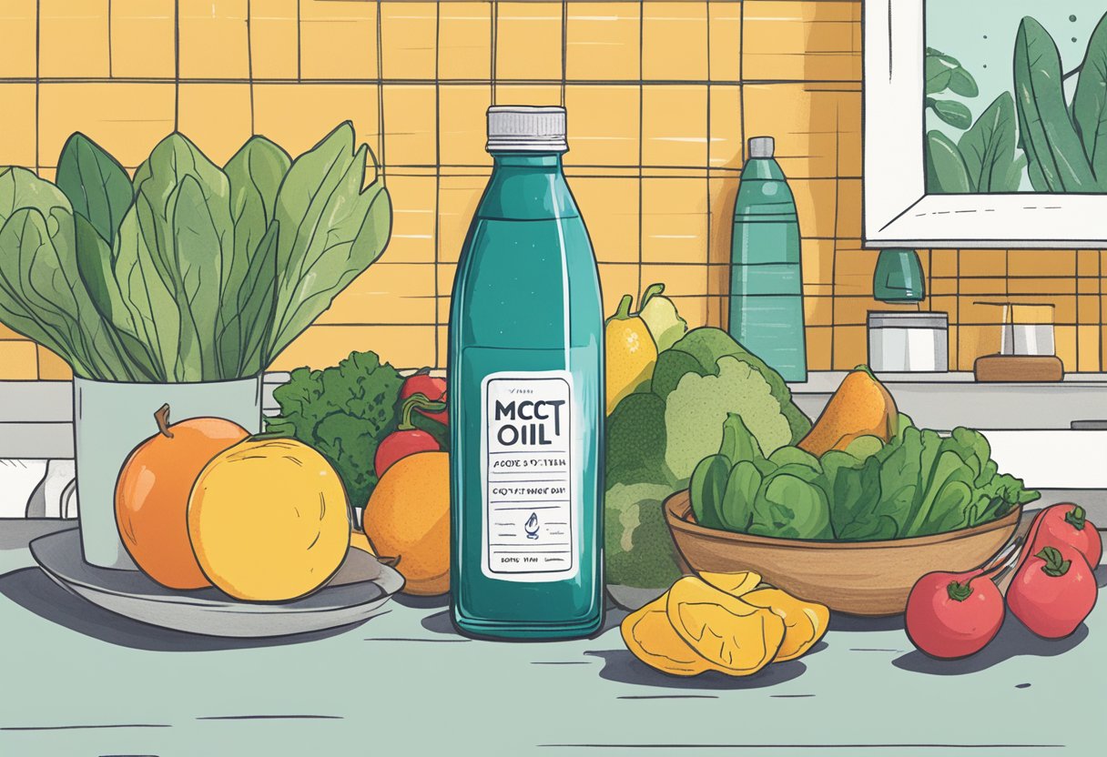 A bottle of MCT oil sits on a kitchen counter, surrounded by fresh fruits and vegetables. A glass of water and a yoga mat are nearby, suggesting a healthy and active lifestyle