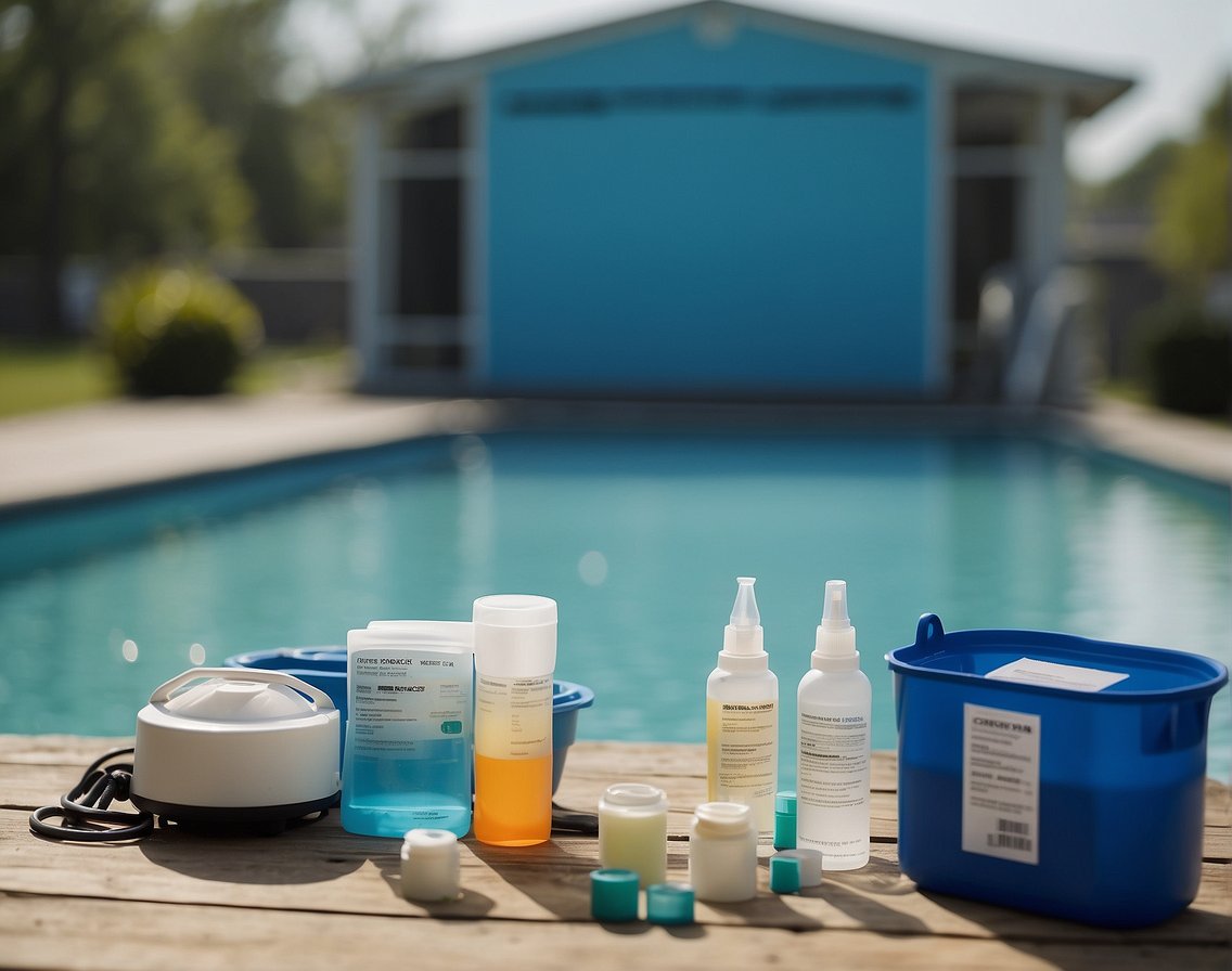 A pool with cloudy water and test kits scattered around. Chemical containers and a troubleshooting guide nearby