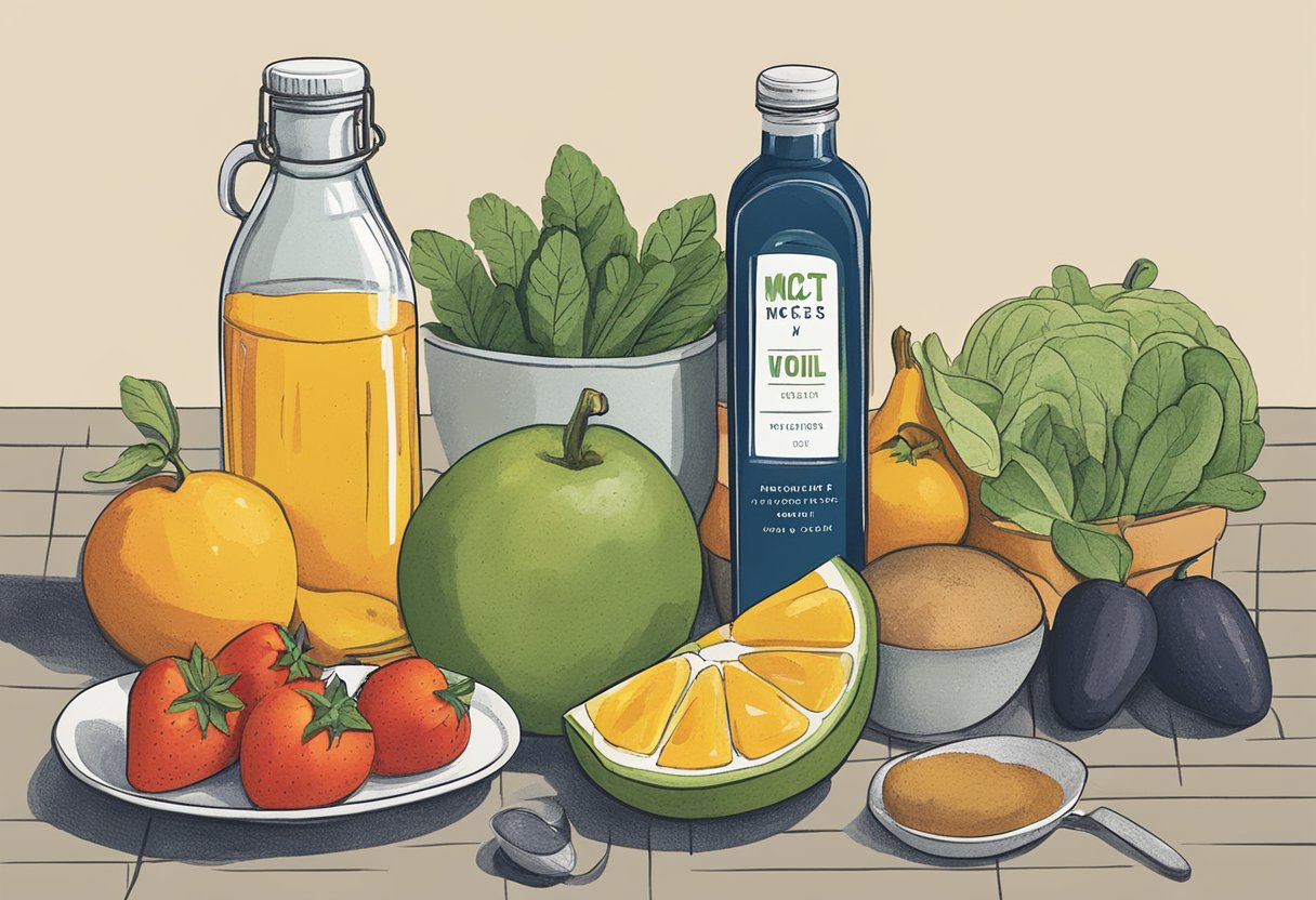 A bottle of MCT oil sits on a kitchen counter, surrounded by fresh fruits, vegetables, and a measuring spoon. A cookbook and a glass of water are also nearby